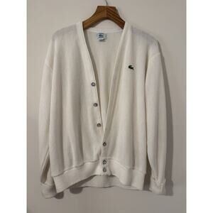 Vintage Men's IZOD LACOSTE Cardigan Sweater Large Ivory White Acrylic 1980s